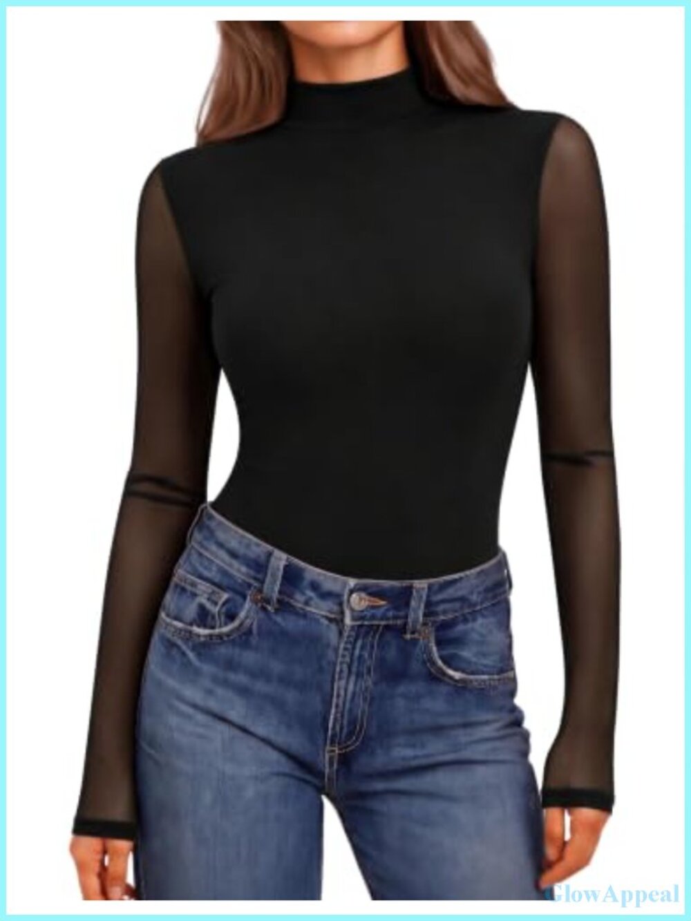 Ekouaer Women's Mesh Long Sleeve Mock Neck Slim Fit Top